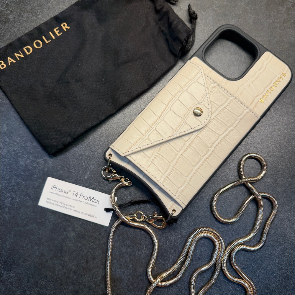 NWT Bandolier Beige iPhone 14 Pro Max Case with gold Chain